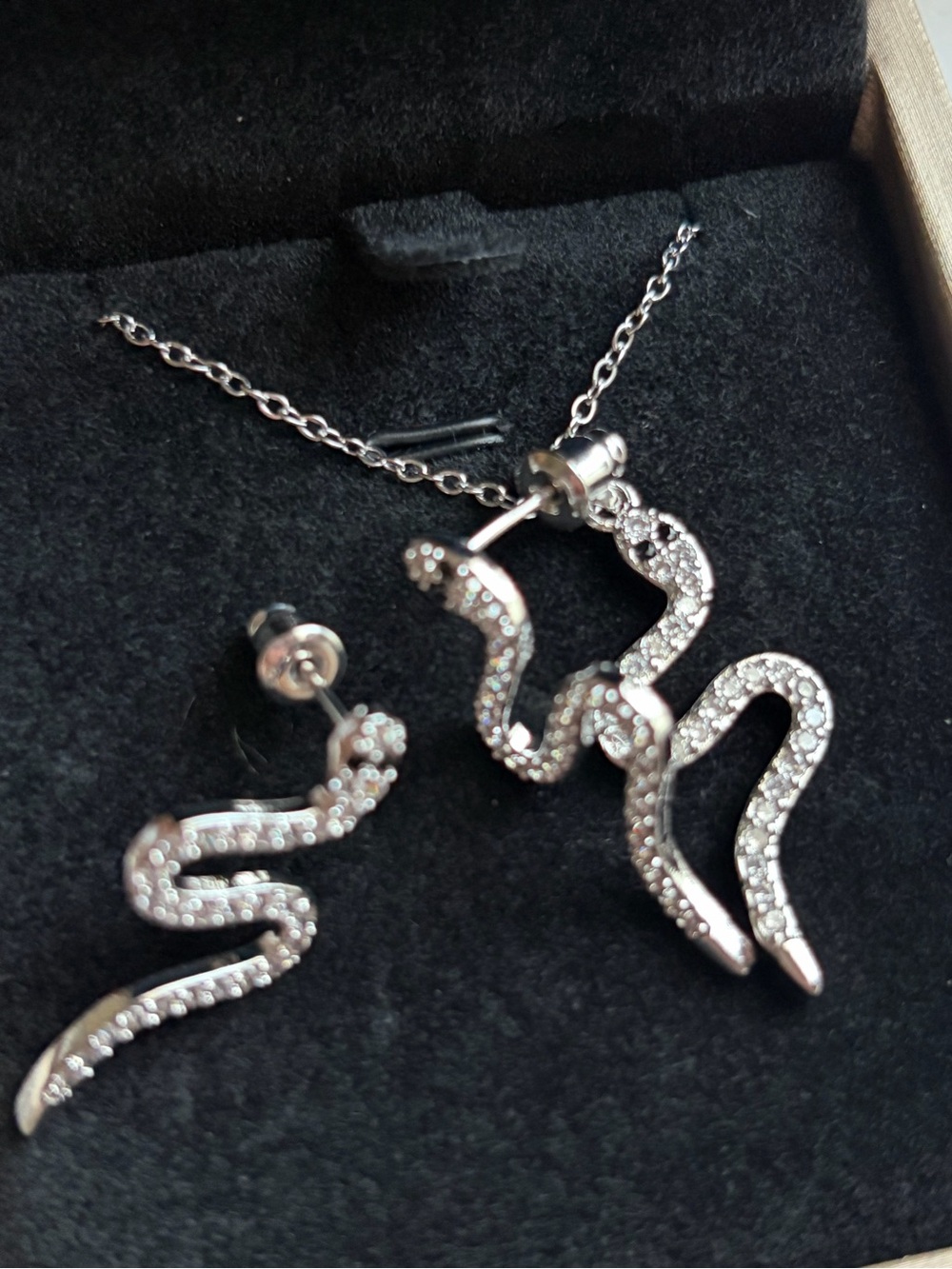 Silver Pavé Snake Earrings and Necklace Set - Silver